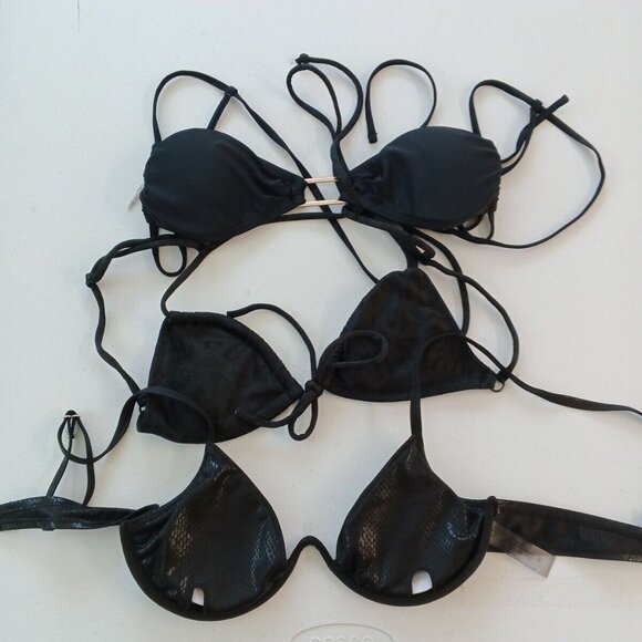 Set of 3 Swimwear Top Wired & Wireless Padded Black Print Solid Strap Adjustable - Picture 1 of 12